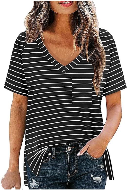 T Shirts for Women Loose Fit Short Sleeve Tops Summer T Shirts Short Sleeve V Neck Pocket Tee 