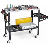 Goplus Welding Table, 1200LBS Steel Rolling Workbench with Lockable Wheels | 36"x18" Weld Work Bench with 5/8" Fixture Holes, Tool Rack Tray &amp; Slots for Garage Shop Welding Repair