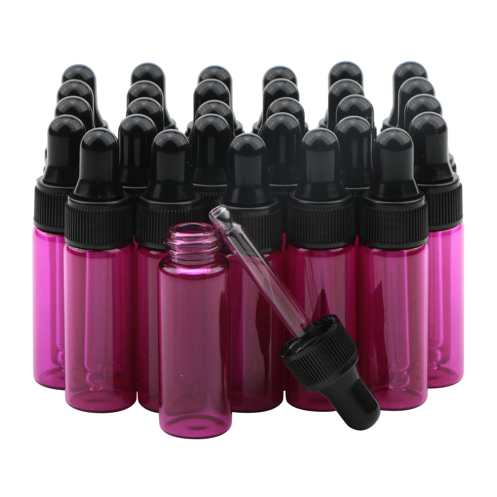 Rowiz 30 PCS 5ml Small Dropper Bottles Essential Oil Glass Bottle,Lotion Perfume Sample Vials with Glass Eye Dropper and Black Caps Pink Bottle. (pink)