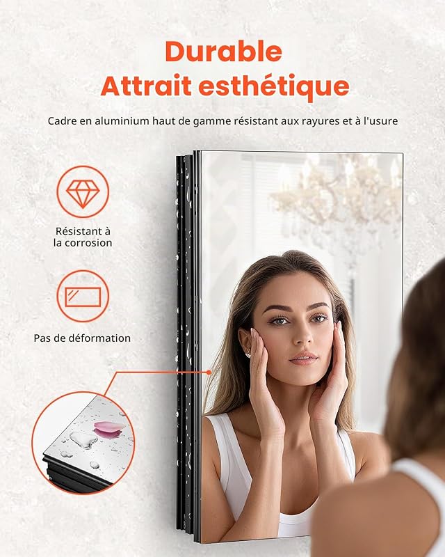 Armoire de Toilette Miroir, 355 x 610 mm, Meuble de Salle de Bain, avec Miroir, Cadre en Aluminium et étagères réglables à 2 Couches, Installation encastrée et Murale