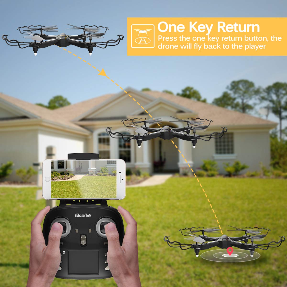 iBaseToy RC Quadcopter Drone with Camera Live Video 720P HD Altitude Hold Equipped with Headless Mode Gravity Sensor RTF Helicopter for Beginner