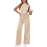 PRETTYGARDEN One Piece Jumpsuits for Women Dressy Summer Business Casual Outifts Sleeveless Mock Neck Wide Leg Rompers