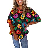Astylish Women 2026 Abstract Print Blouses Casual Short Sleeve Crewneck Chic Boho Tops Loose Fit Flowy Tunic