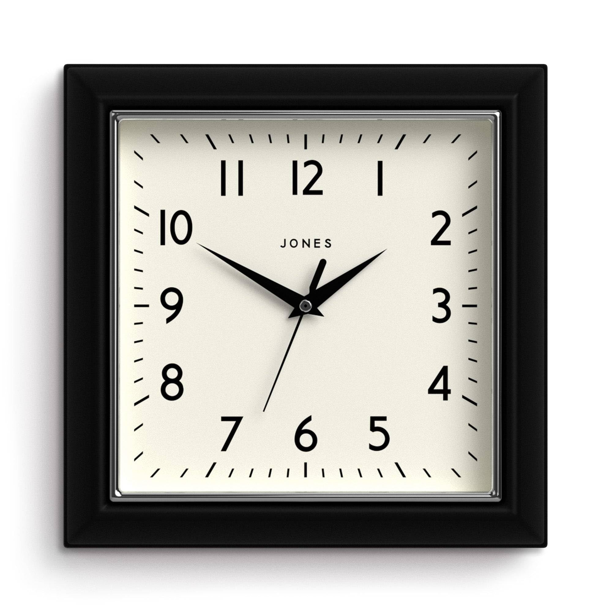 Jones Clocks® Mustard wall clock | Square retro clock | 25cm | Black | Easy to read numbers | Perfect for kitchen or office
