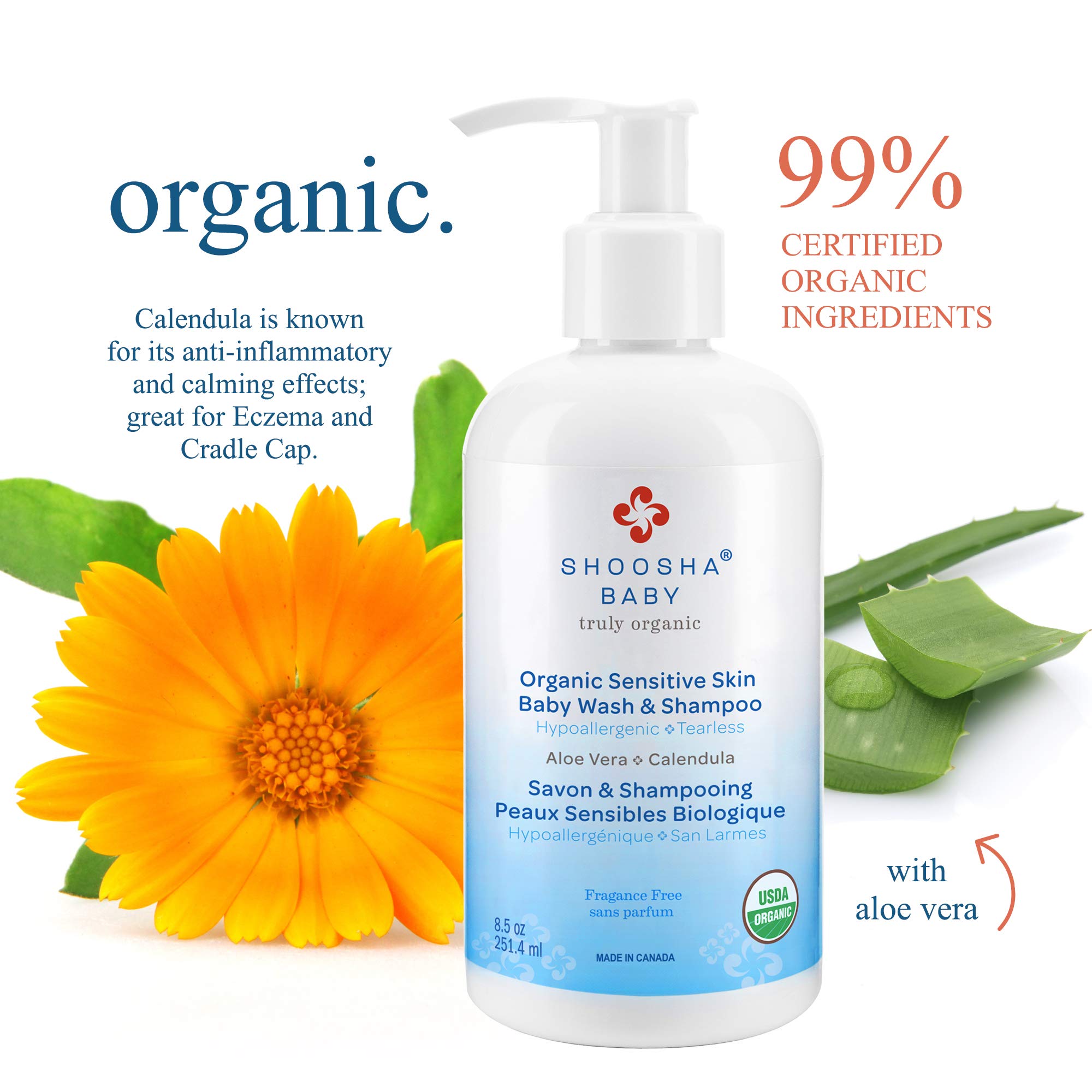 Shoosha USDA certified Organic Shampoo and Body Wash for babies and kids, Great for Sensitive Skin, All natural made from food grade ingredients, Fragrance and Tear Free, Hypoallergenic