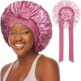 Double-Layered Silky Satin Bonnet with Tie, Large Women Sleep Cap | Reversible Anti-Frizz Night Head Bonnet for Women Curly W