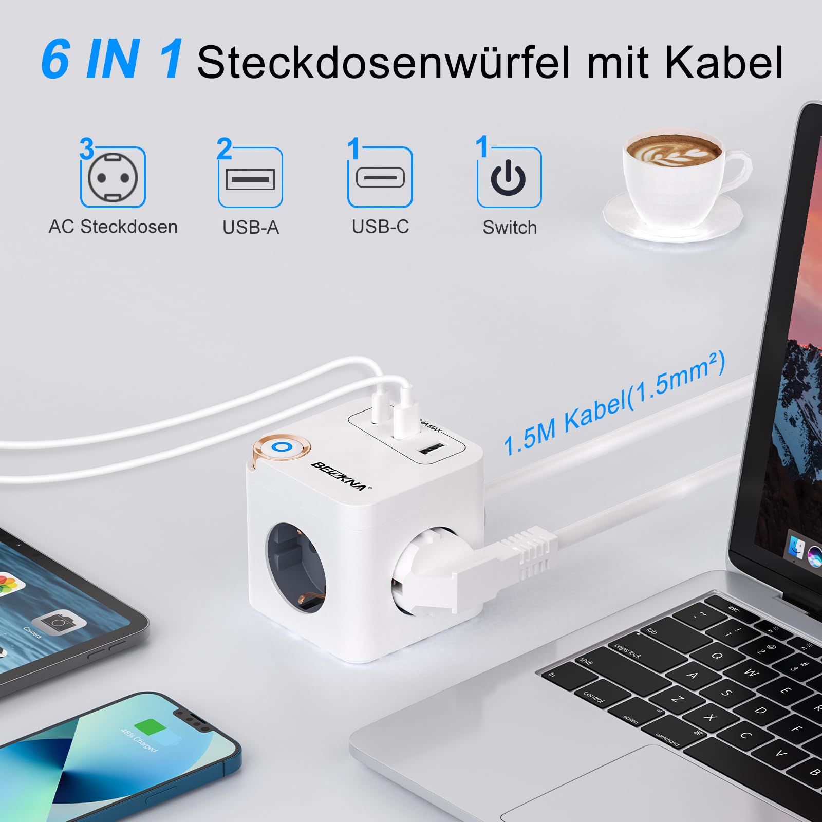 Steckdosenwürfel USB C Mehrfachsteckdose Steckdosenleiste 3-Fach Steckerleiste Überspannungsschutz Steckdose Mehrfachstecker Cube Würfel Steckdosen mit Schalter für Büro Hause 1.5M Kabel, Weiß 2