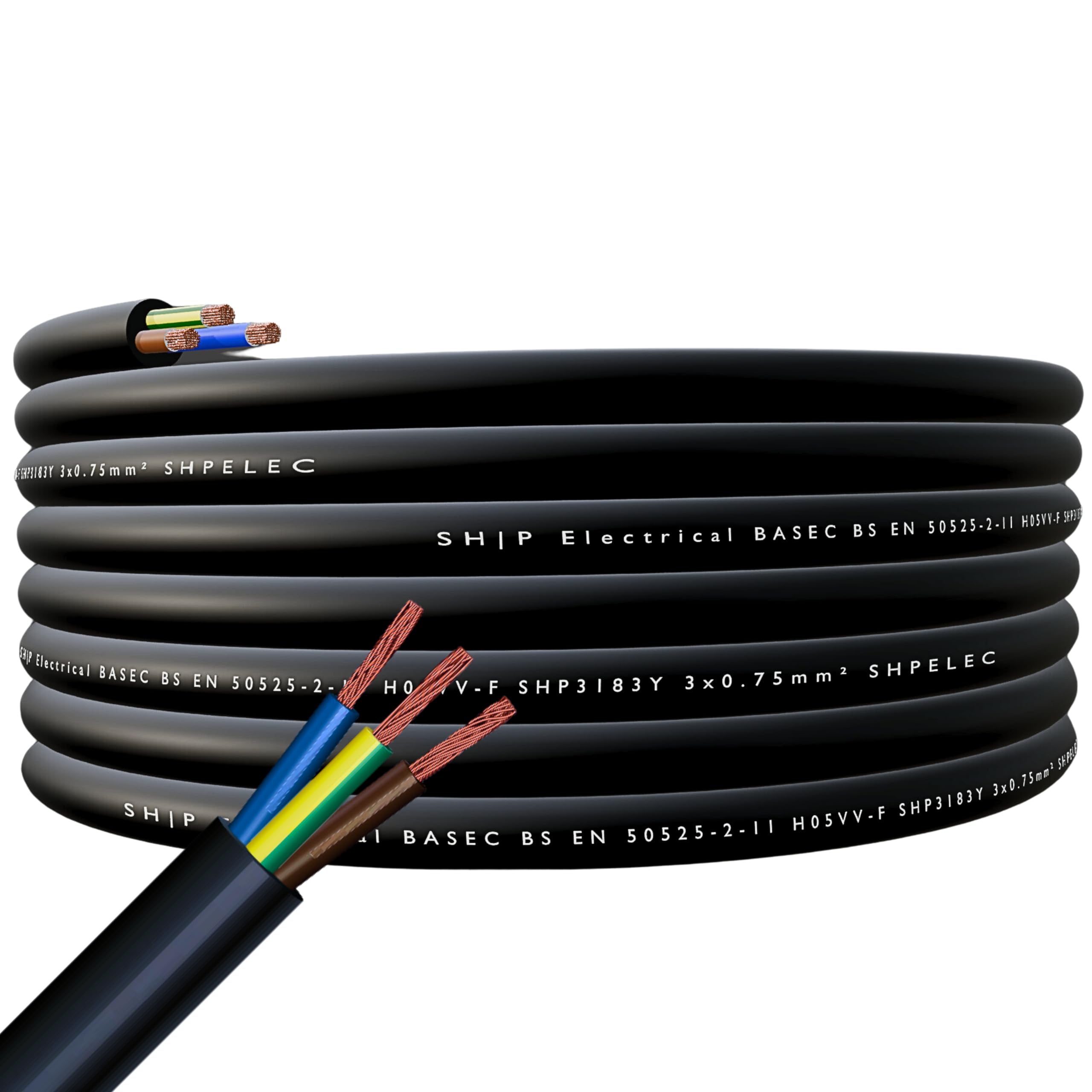 SHPELEC® FLEXIBLE Black Cable 3183Y 0.75mm, 1.0mm, 1.5mm, 2.5mm BASEC Approved Black PVC LED Lighting 5m 10m 15m 20m 50m (0.75mm 3 Core - 30metres)