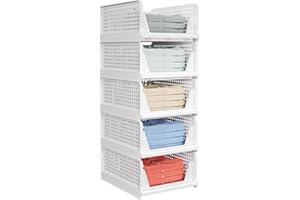 CAKTRAIE 5 Pack Stackable Closet Storage Basket - Stackable Storage Bins, Multifunctional & Foldable Closet Organizer Waterproof, Wardrobe Cupboard Space-Saving Hat Storage Drawer Organizer, White
