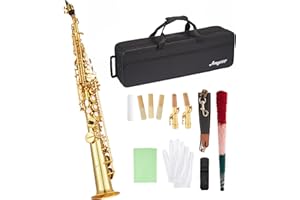 Senfot Brass Straight Soprano Saxophone Set with Case, Cork Grease, Cloth, Shoukder and Leather Neck Strap, Brush, Gloves, Reed; Pro-Grade Student Sax for School Band, Lessons & Solo Practice