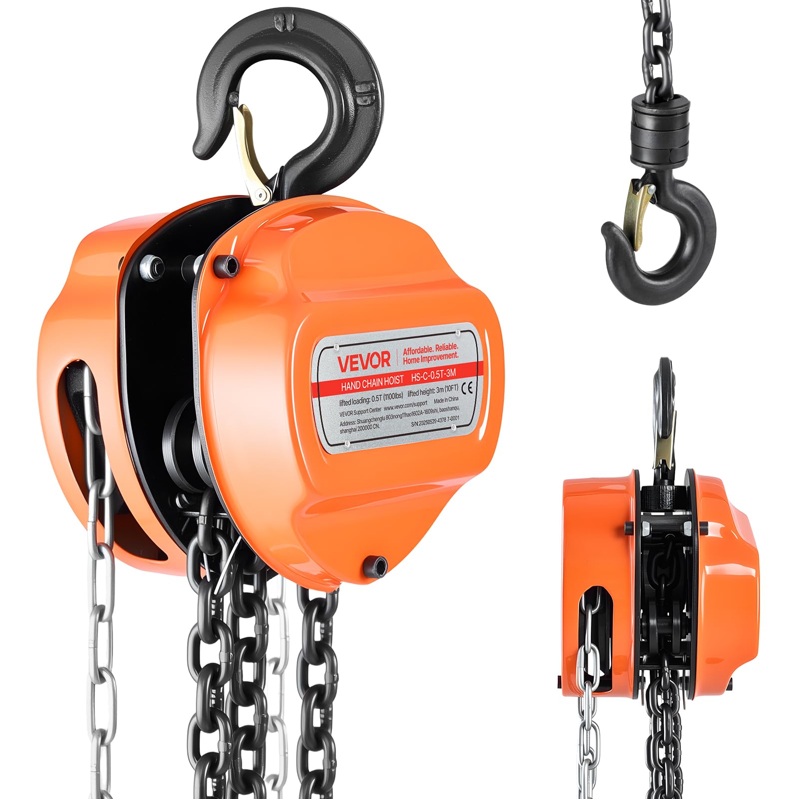 Photo 1 of **MINOR DAMAGE - USED**
VEVOR Hand Chain Hoist, 1/2 Ton 1100 lbs Capacity, Manual Chain Block with Upgrade G80 Galvanized Chain, 10 ft Lifting Height, Heavy Duty Pulley Hoist for Garage Warehouse Automotive Machinery, Orange