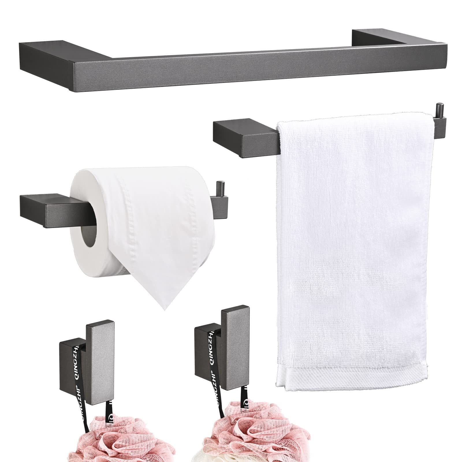 Hoomtaook Bathroom Hardware Set, Grey Aluminium 5-Piece Kit: Towel Rail, Toilet Paper Holder, Wall Hooks