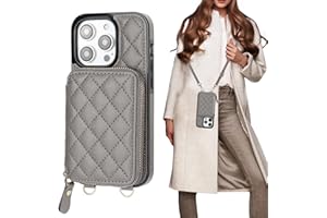 Bocasal Crossbody Wallet Case for iPhone 14 Pro, RFID Blocking PU Leather Zipper Handbag Purse Flip Cover, Kickstand Folio Case with Card Slots Holder Wrist Strap Lanyard 5G 6.1 Inch (Grey)