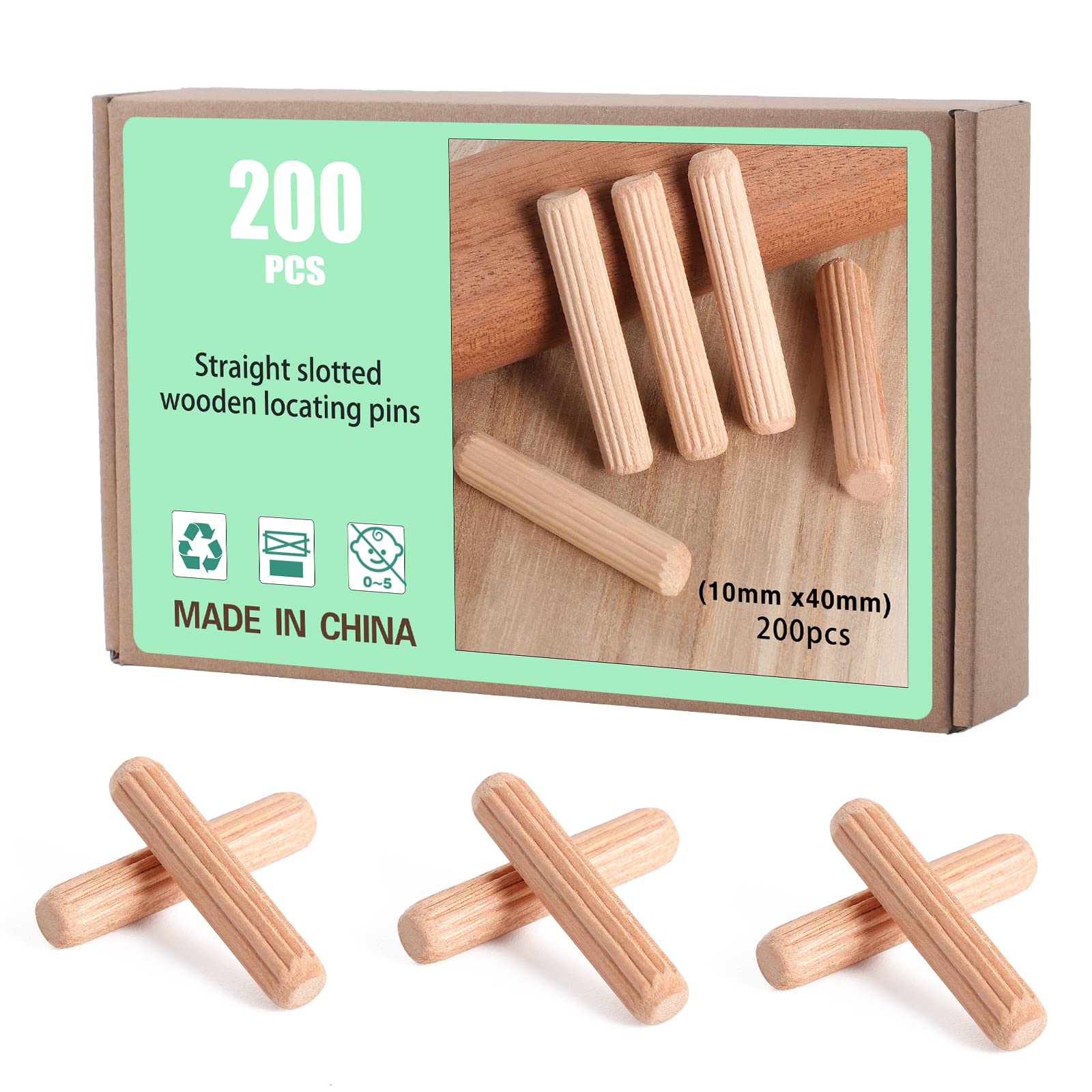Faankiton Wooden Dowel Pins, Straight Grooved Wooden Dowel with Bevelled End, Fluted Hardwood Wooden Dowel Pins, Fluted Wooden Dowel for Crafts, Furniture, etc. (200 Pieces 10x40mm)