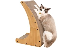 Pettycare 3 in 1 Curved Cat Scratcher, L-Shaped Cat Scratchers for Indoor Cats, 23.8 Inch Vertical Scratcher for Large Cats with Bell Ball Toy, Wood Color Cat Scratching Cardboard