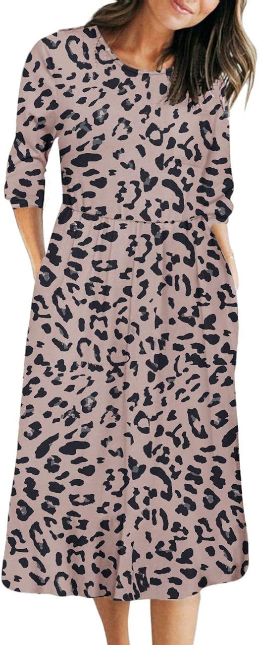 MEROKEETY Women's 3/4 Balloon Sleeve Striped High Waist T Shirt Midi Dress with Pockets