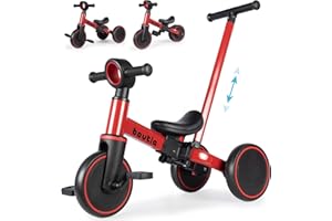 Bautia Kids Tricycle for Toddlers 1-3 with Push Handle, 5 in 1 Baby Balance Bike Toy for 1-4 Years Old Boys Girls Gift with Removable Pedals, Red (No Parent Steering Version)