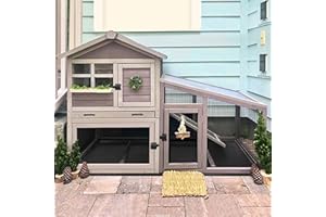 GUTINNEEN Rabbit Hutch for Outdoor Indoor Use, Bunny Cage with PVC Layer and Bottom Wire Netting, Wooden Chicken Coop Rabbit House with UV Roof, Leakproof Tray, Run