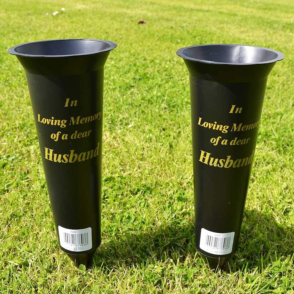 In Loving Memory 2 x of a dear Husband Verse Graveside Memorial Grave Spiked Flower Vase Durable Plastic with Gold Lettering