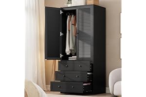 GarveeHome Armoire Wardrobe Closet with Drawers, 69.5 in Wooden Wardrobe Cabinet with Hanging Rod, 2 Doors Clothing Storage Cabinet for Bedroom, Large Capacity Storage, Louvered Door, Black