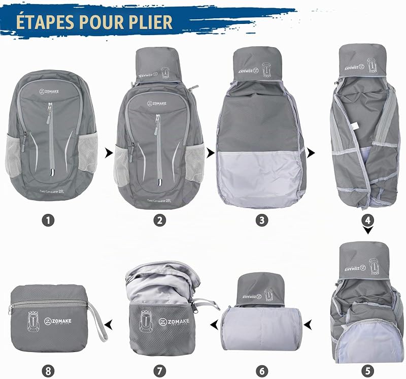 Sac a Dos Pliable Ultra Léger - Sac à Dos Pliable De Randonnée Petit Packable Daypack 25L Pour Femme Homme Sports Et Plein Air(Gris Foncé) — photo 6 sur 7