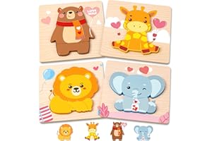 LACCHOUFEE Valentines Toys Gifts for Kids Toddlers - 4 Pack Wooden Puzzles with Animals Design, Valentine Party Favors for Boys Girls, Kids Classroom Exchange Gifts - Educational Preschool Toys