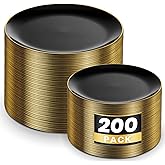 KIRE 200Pcs Black Plastic Plates - Black and Gold Plates Disposable for Party - Include 100 for Dinner and 100 for Dessert for Birthday/Wedding/New Year
