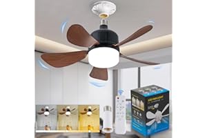 Dalouguan Socket Fan Light with Remote, 18" Wood Dimmable LED Small Ceiling Fans with Lights, 3 Colors 3000K-6500K Replacement Light Bulb Fan for Bedroom Kitchen Living Room Garage