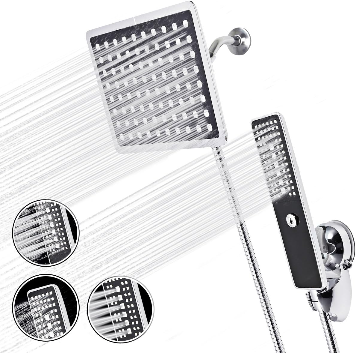 TAPCET 3 in 1 Rainfall Shower Head/Handheld Combo, Shower Head Set, Multifunctional Handheld Shower Head+8 Inches Rotatable Rainfall Shower Head+Shower Hose+Diverter+Tape+Bracket