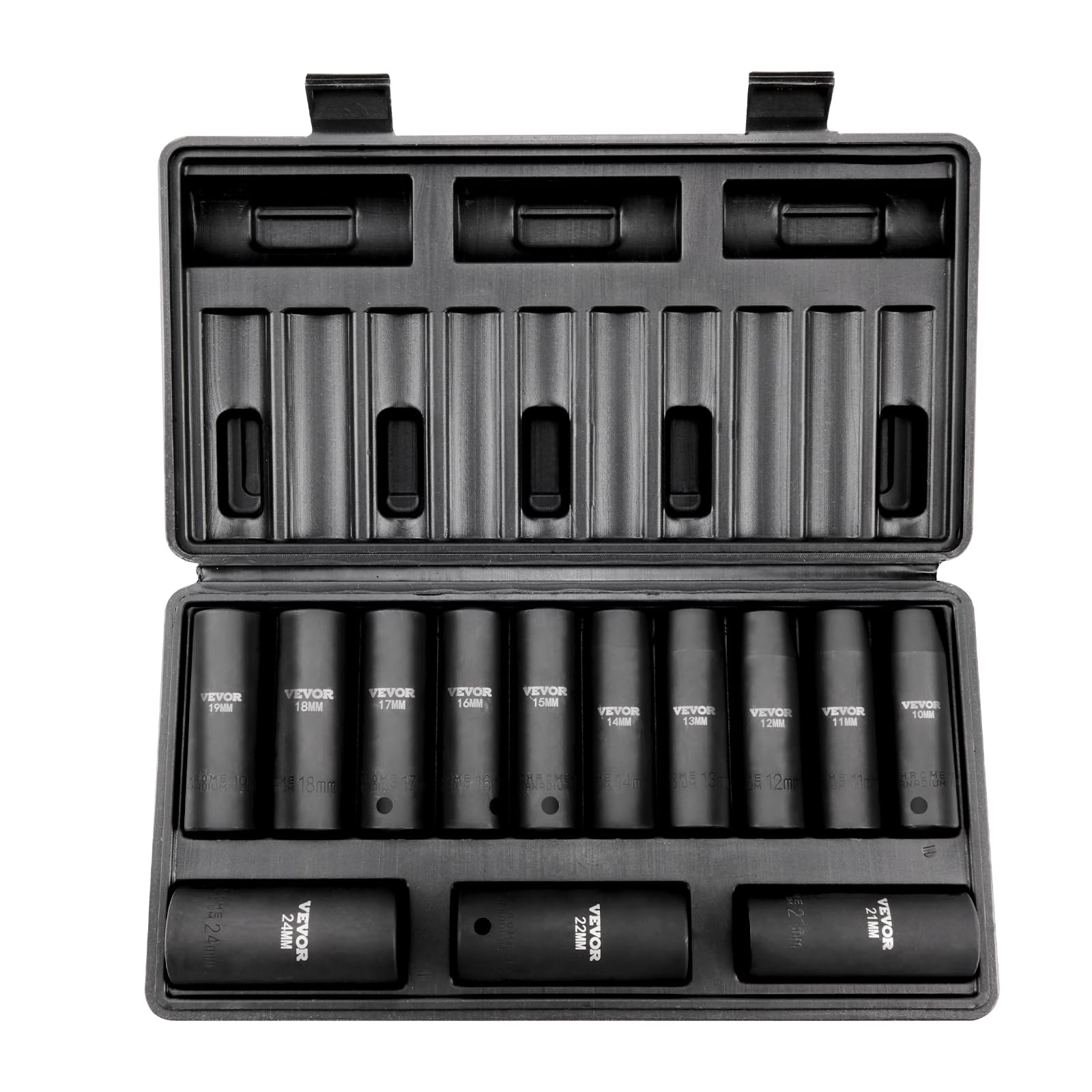 VEVOR 1/2" Drive Impact Socket Set, 13 Piece Deep Socket Set Metric 10-24mm, 6 Point CR-V Alloy Steel for Auto Repair, Easy-to-Read Size Markings, Rugged Construction, Includes Storage Case Image