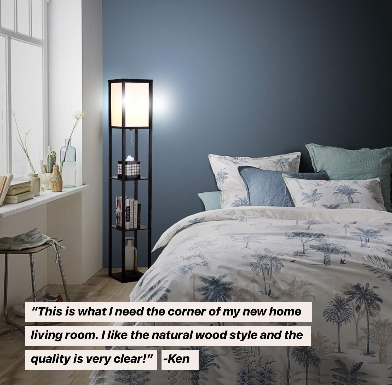 Brightech Maxwell - Modern LED Shelf Floor Lamp - Skinny End Table & Nightstand for Bedroom - Combo Narrow Side Table with Standing Accent Light Attached - Asian Tower Book Shelves - Black - - 