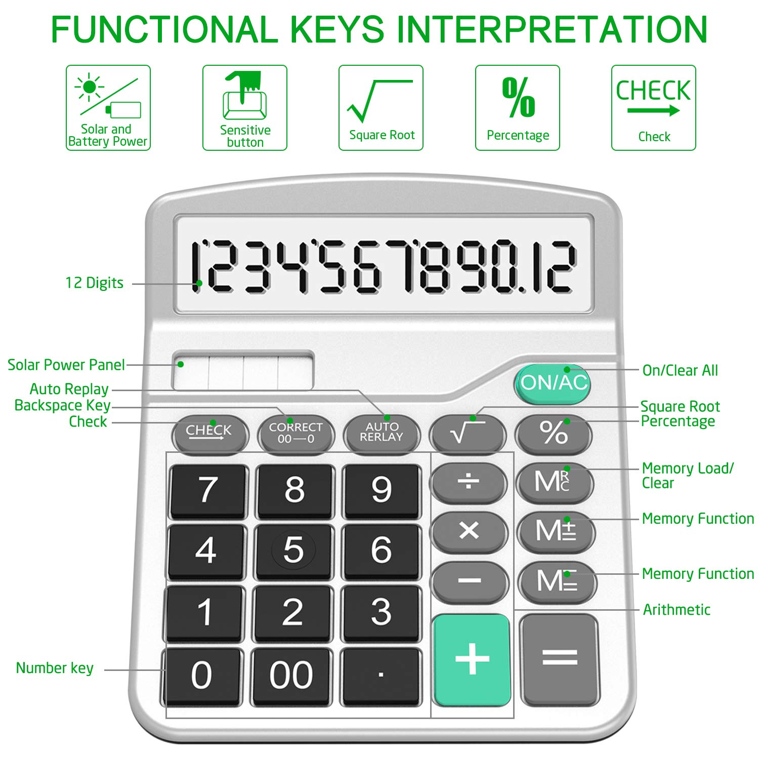 Standard Functional Desktop Calculator Solar and AA Battery Dual Power Electronic Calculator