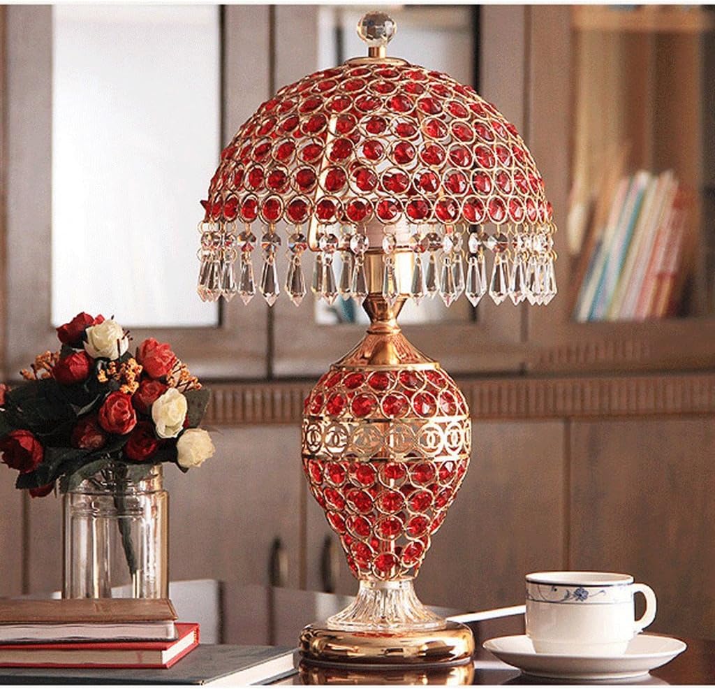 Crayom European Table Lamp Luxury Hotel Desk Lamp Bedroom Bedside Lamp Living Room Glass Crystal Wedding Decoration Table Lamp Creative Lighting ( Color : Red )