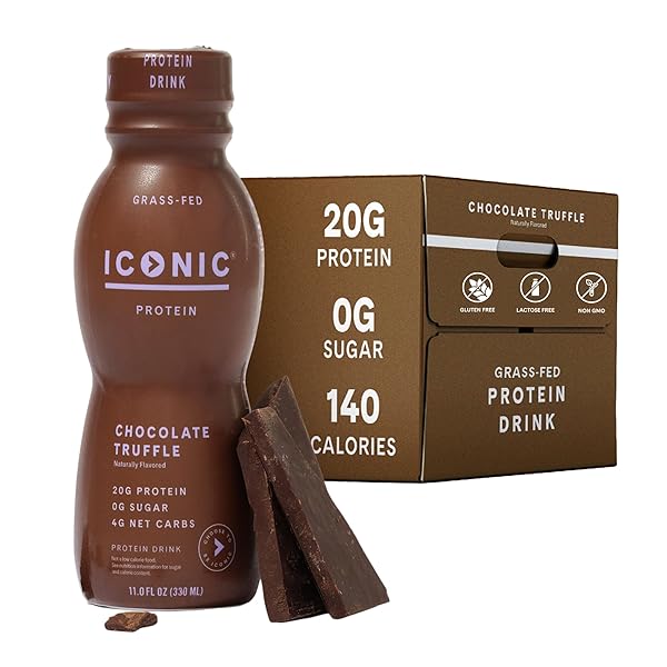 ICONIC PROTEIN DRINKS, CHOCOLATE TRUFFLE (12 PACK) – SUGAR FREE & LOW CARB – 20G GRASS FED PROTEIN – LACTOSE FREE, GLUTEN FREE, NON-GMO, KOSHER – KETO FRIENDLY PROTEIN SHAKES
