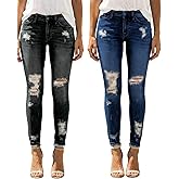 Women Mid Waist Skinny Stretch Ripped Jeans Destroyed Denim Pants Plus Size (Pack of 2)