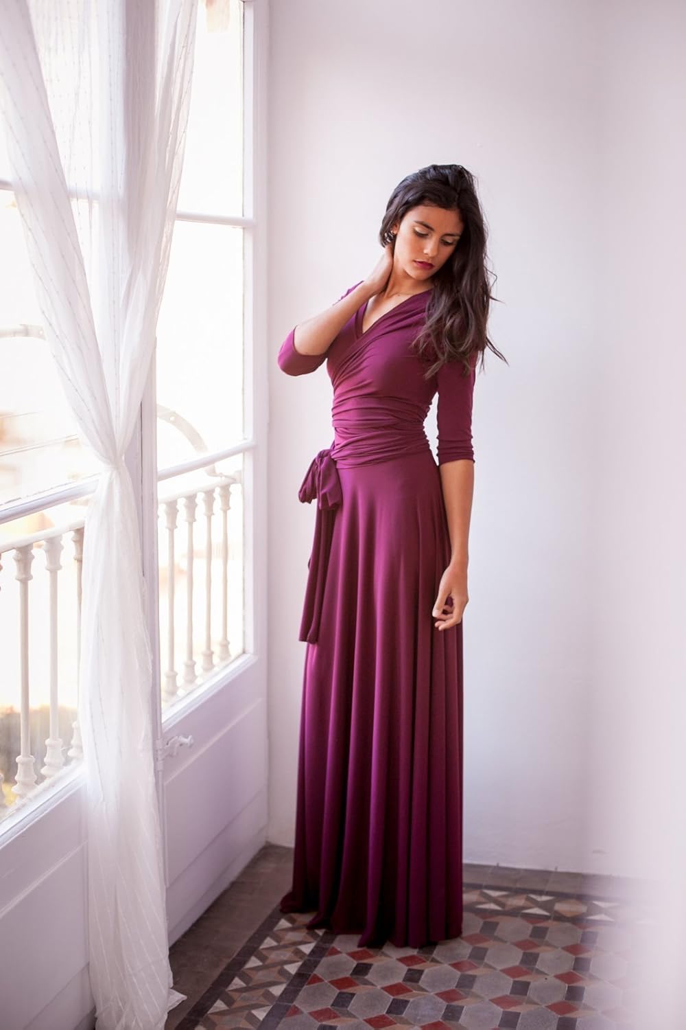 burgundy long sleeve wrap dress
