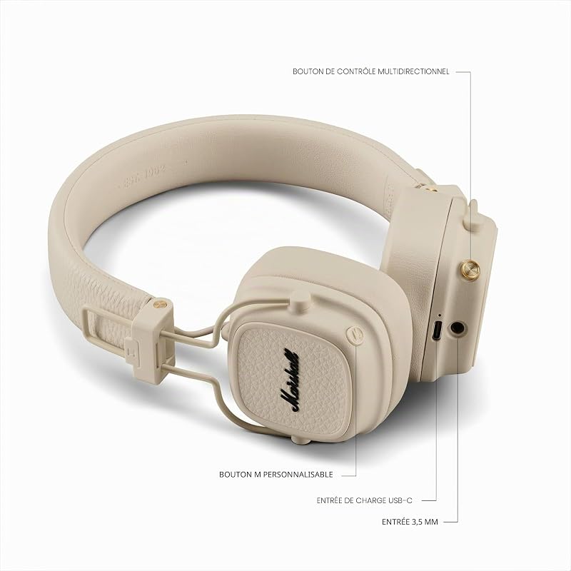 Casque Bluetooth Supra-auriculaire Major V, écouteurs sans Fil, Pliables, autonomie sans Fil de Plus de 100 Heures, crème