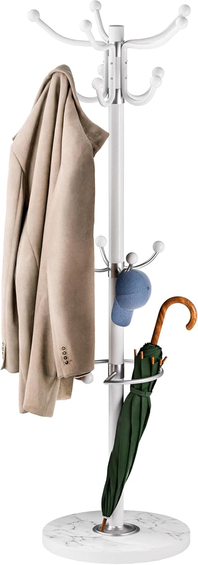 CASARIA Elegant Coat Rack with Marble Base 14 Rotatable Hangers 175cm White