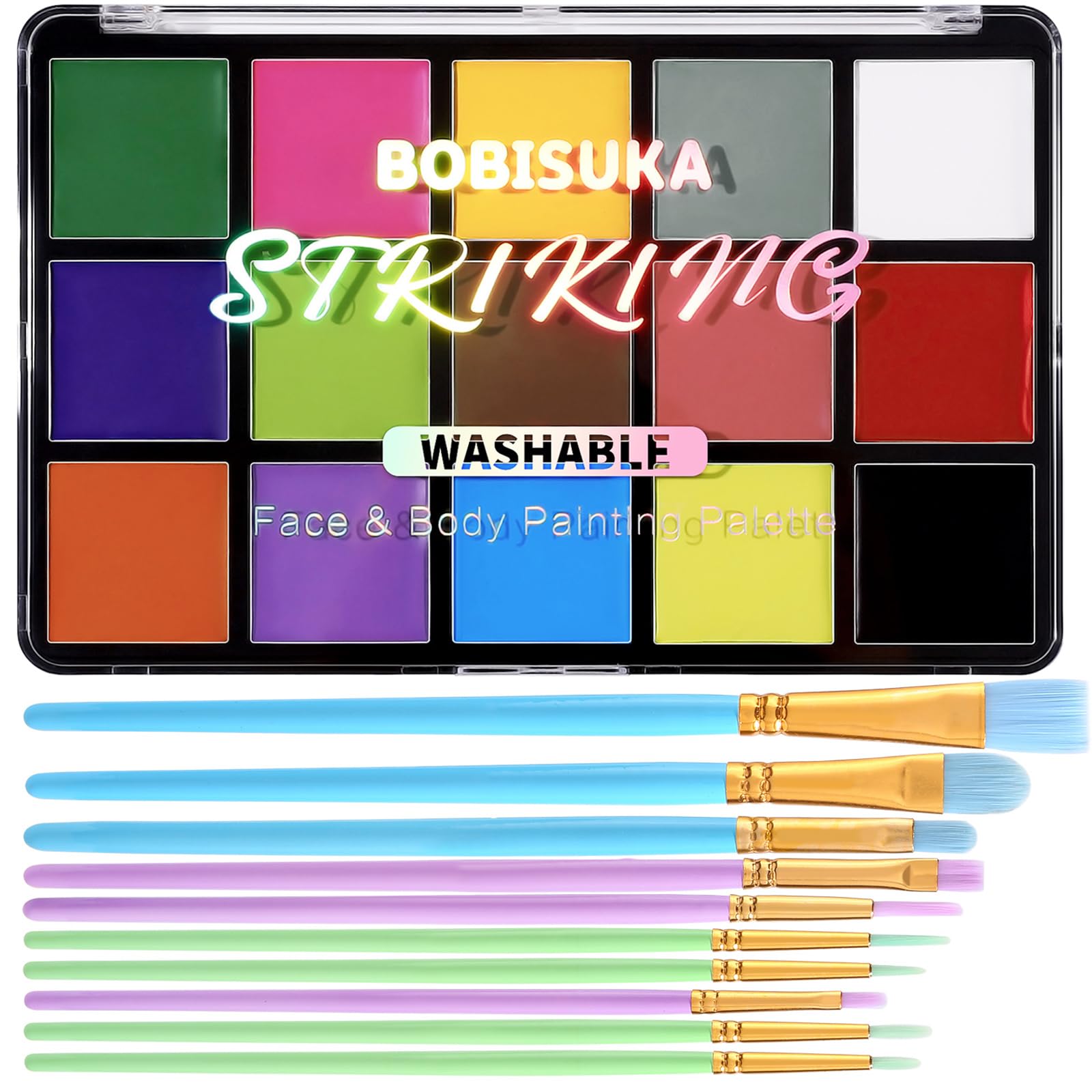 Photo 1 of BOBISUKA Face Body Paint Palette + 10PCS Brushes Set, 15 Color Professional Face Painting Pallet Kit for Art Theater Halloween Party Cosplay Clown Sfx Makeup for Women Adults, Non-Toxic Washable