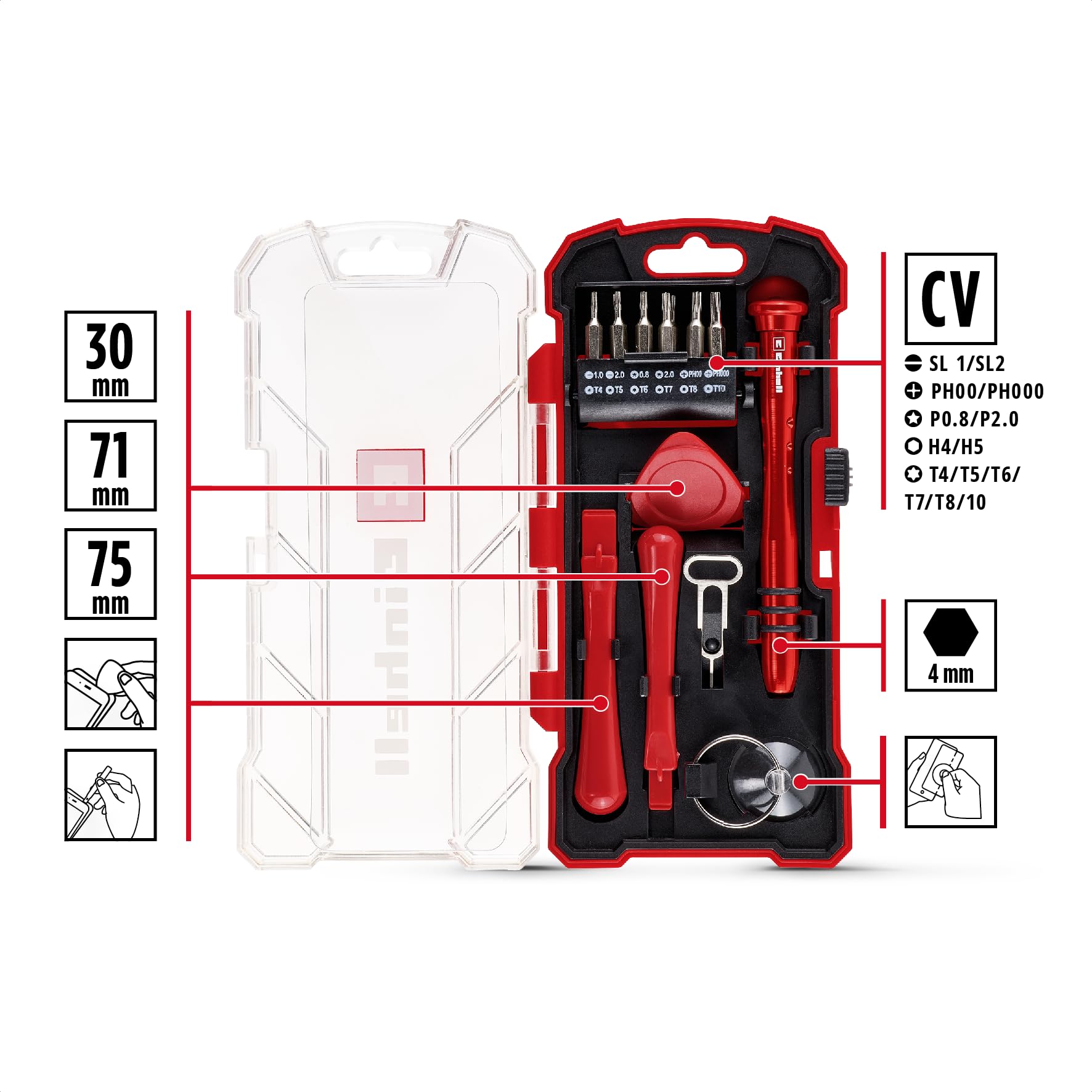 Original Einhell Smartphone-Reparaturset 18-tlg. (12 CR-V-Präzisionsbits, ergonomischer Schraubendreher, Öffnungswerkzeuge, Saugnapf, ideal für Elektrogeräte) 2