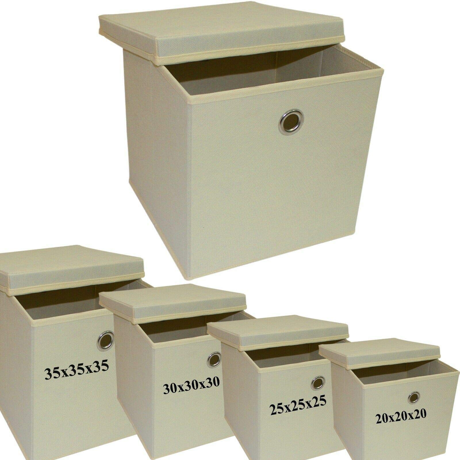 A406 2x Foldable Storage Boxes with Lid Storage Basket with Lid Fabric Cubes with Handles Collapsible Fabric Organiser Clothes Storage Box (X-Large- 35x35x35cm, Beige)