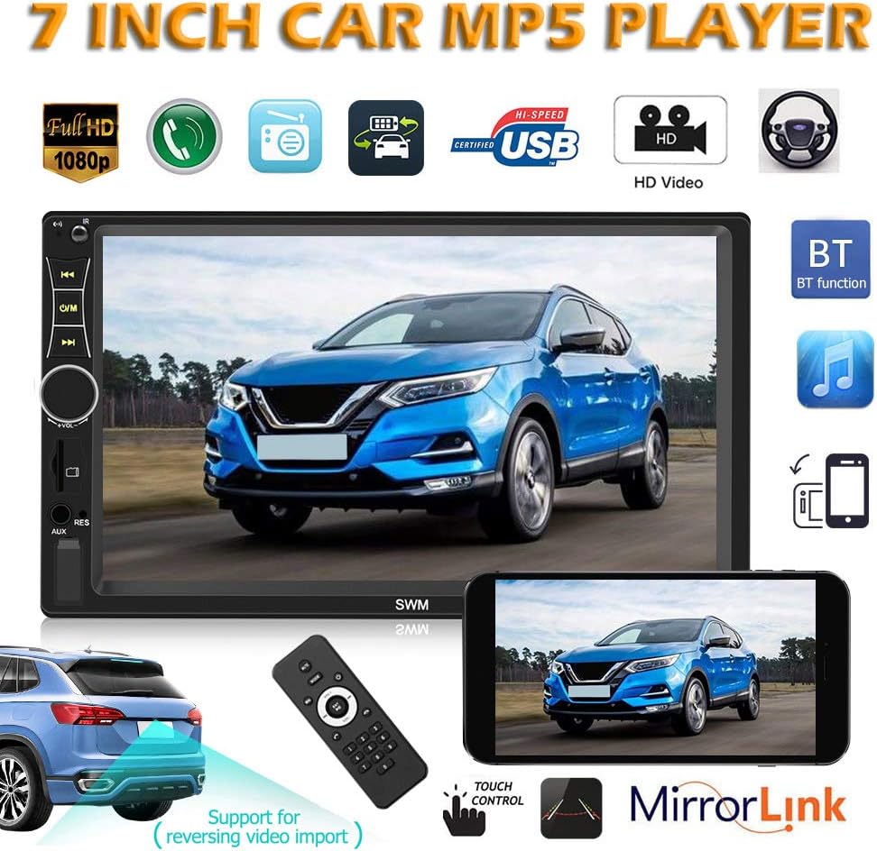 HuaiQing 7 inch Double DIN Car Stereo Player with Bluetooth, SWM A7 Touch Screen DVD Audio FM Radio Receiver in-Dash Head Unit MP5 Player