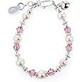 Precious Pieces Children's Sterling Silver Bracelet for Infant Babies and Little Girls with Cultured Pearls and Pink High-End Crystals and Heart