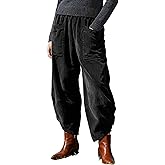 Yeokou Corduroy Pants Women Barrel Wide Leg Elastic High Rise Fall Casual Trousers with Pockets