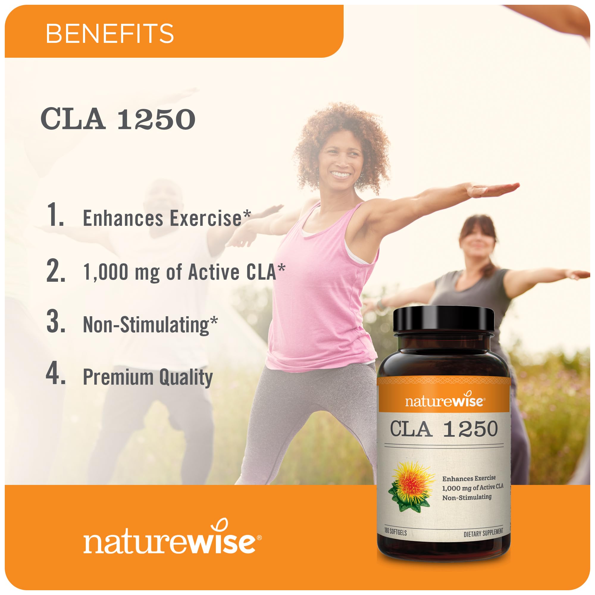 NatureWise CLA 1250 - Conjugated Linoleic Acid Supplement for Women and Men, Not Stimulating, Supports Healthy Weight, Fitness Goals - Non-GMO, Gluten Free - 90 Softgels[1-Month Supply]