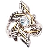 NOVICA Artisan Handmade 18k Gold Accented Blue Topaz Cocktail Ring Leafy from Bali .925 Sterling Silver Indonesia Gemstone 'Wreathed in Leaves'