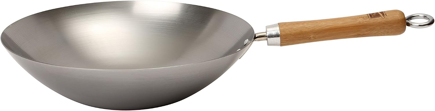School of Wok - 12"/30cm Carbon Steel Wok, Flat Bottom, Bamboo Handle, Silver