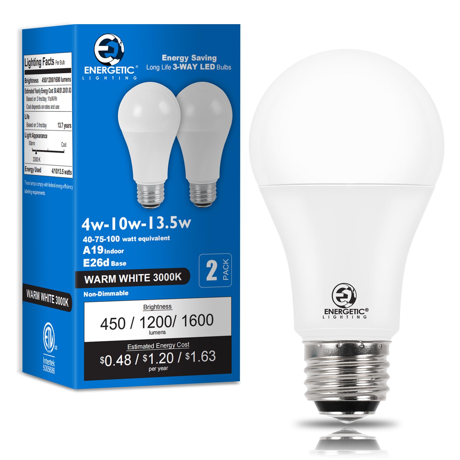 Photo 1 of 3 Way LED Light Bulb 40 75 100W Equivalent, Warm White 3000K A19 3 Way Light Bulbs, E26 Base, 450-1200-1600lm Three Way Light Bulbs for Reading, ETL Listed, 2-Pack