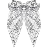 Glitter Hair Bows for Girls Big Bow Hair Clips Large French Ribbon Bowknot Hair Barrettes for Women Party Silver Metal Clips Oversized Long Tail Hair Bow Clip Sparkly Hair Accessories for Thick Hair