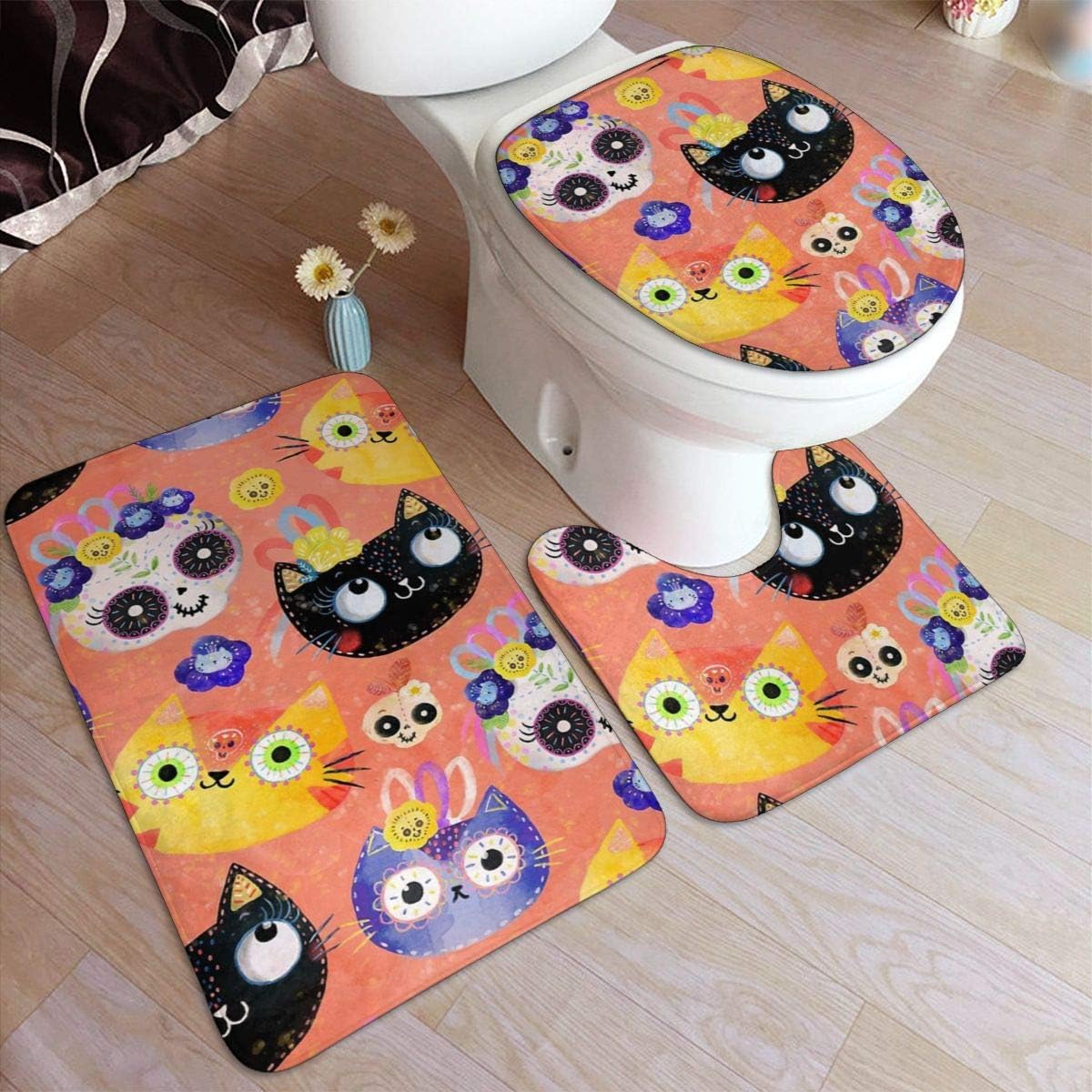 Cats And Skulls Bathroom Rug Set 3 Pieces, Non Slip